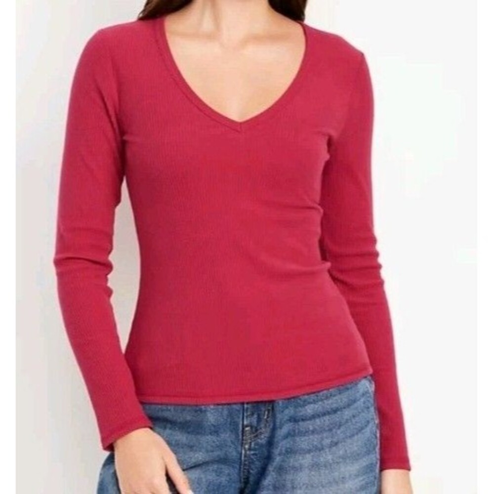 NWOT Women's Old Navy Plush Fitted Ribbed V-Neck Tee Size L Dark Pink N6